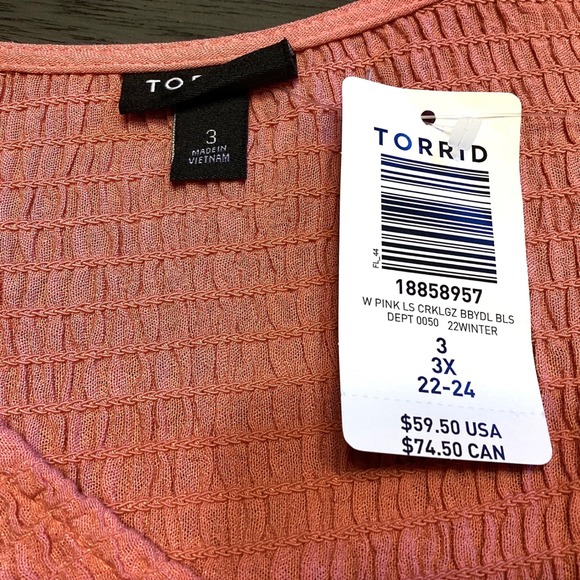 Torrid Pink Long Sleeve Smocked Babydoll Peplum Top Plus Size 3 3X Gauze New - Picture 9 of 11